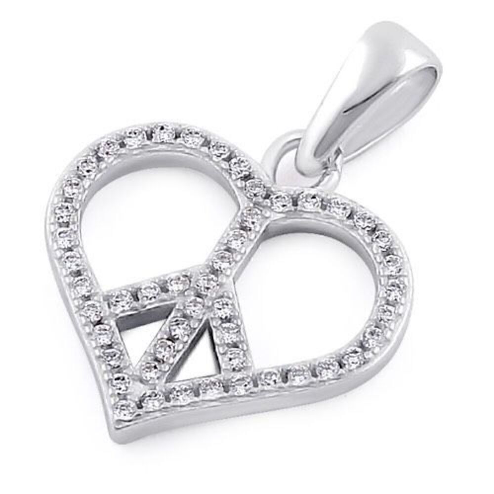 Peace & Love Clear CZ Sterling Silver Heart Necklace Pendant New